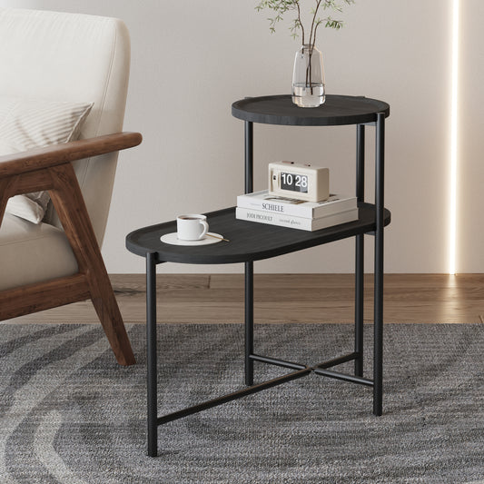 Round Coffee Table with Storage Tray 2 Tier Oval End Tables Wooden Small Side Table for Living Room (Black) - W1757P149954
