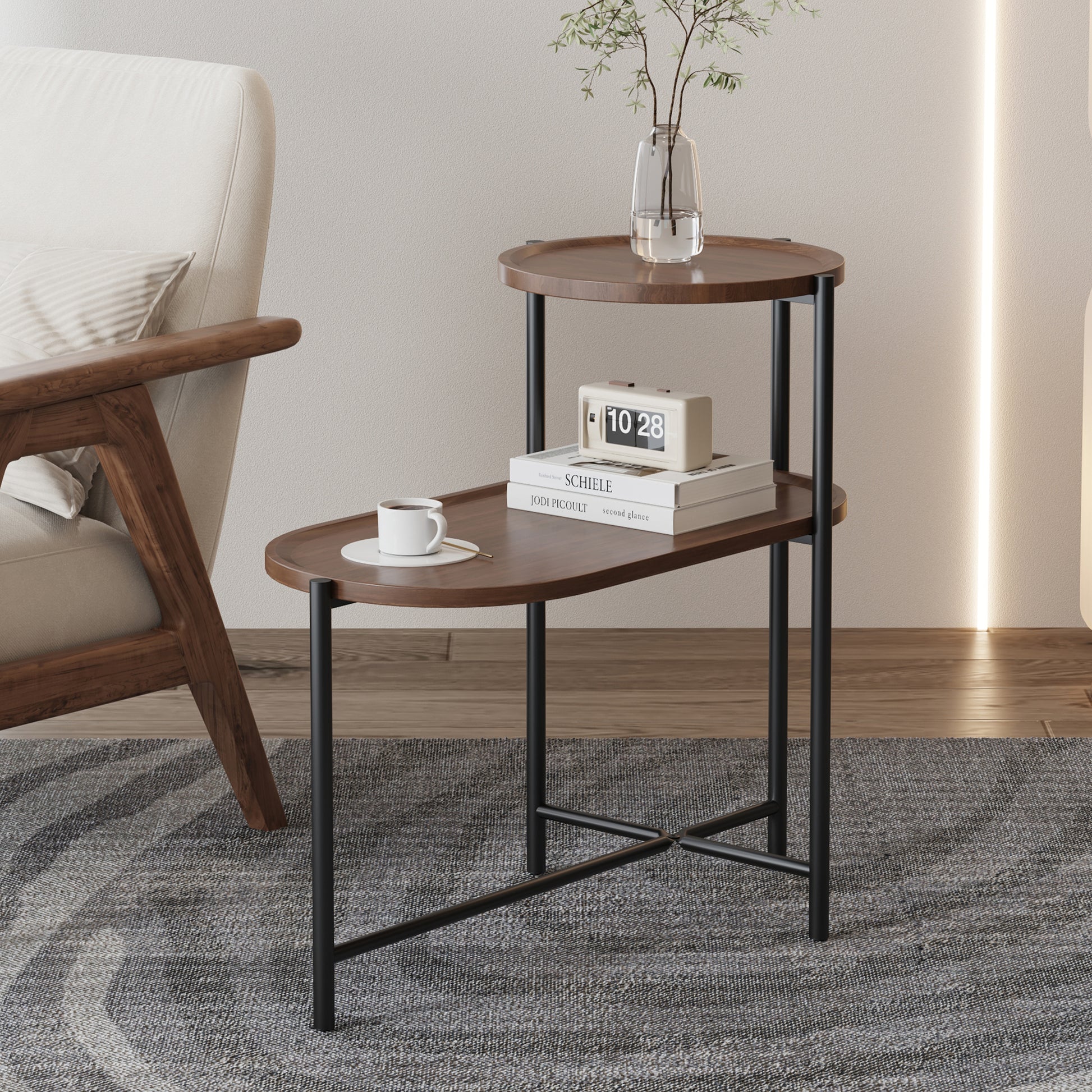 Small Coffee Tables 2-tier Modern Sofa Side Table with Wood Storage Shelf Living Room End Tables Nightstands (Walnut Brown) - W1757P160619