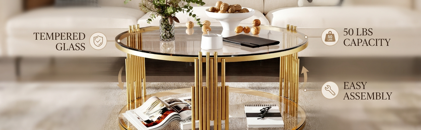 Modern Glass Coffee Table in 31.5", Asymmetrical Metal, Circular Metal Drum Base, Gold Finish & Lower Shelf