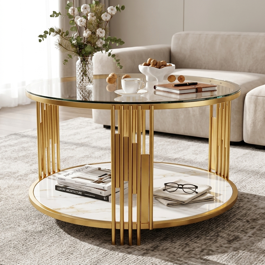 Modern Glass Coffee Table in 31.5", Asymmetrical Metal, Circular Metal Drum Base, Gold Finish & Lower Shelf