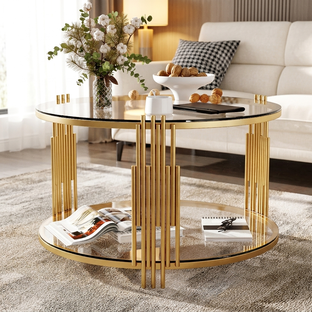 Modern Glass Coffee Table in 31.5", Asymmetrical Metal, Circular Metal Drum Base, Gold Finish & Lower Shelf