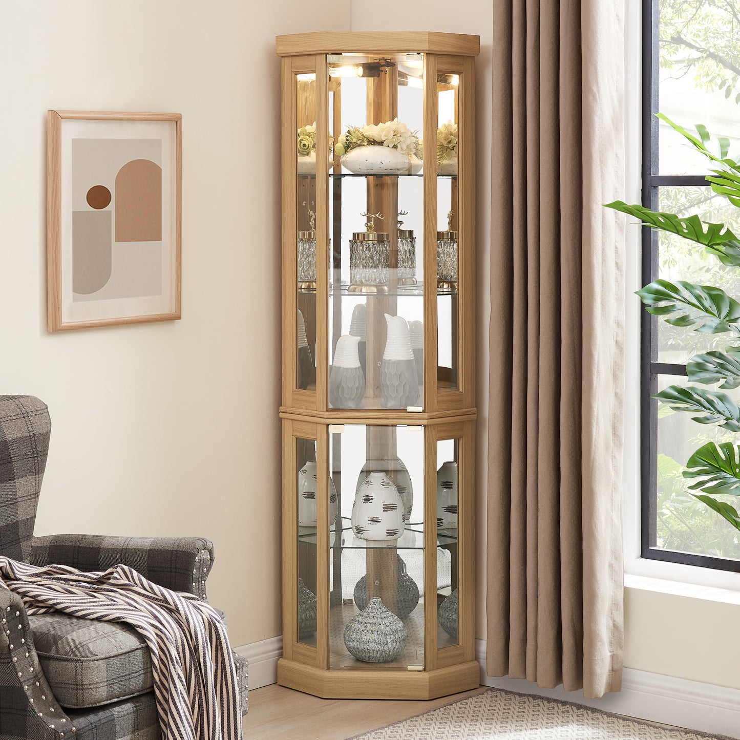 Corner Glass Cabinet Lighted Curio Cabinet Corner Display Case for Living Room, Curio Cabinet, Antique collection, Wine,Bar Glass Storage Light Included, Light oak - W2275P194430