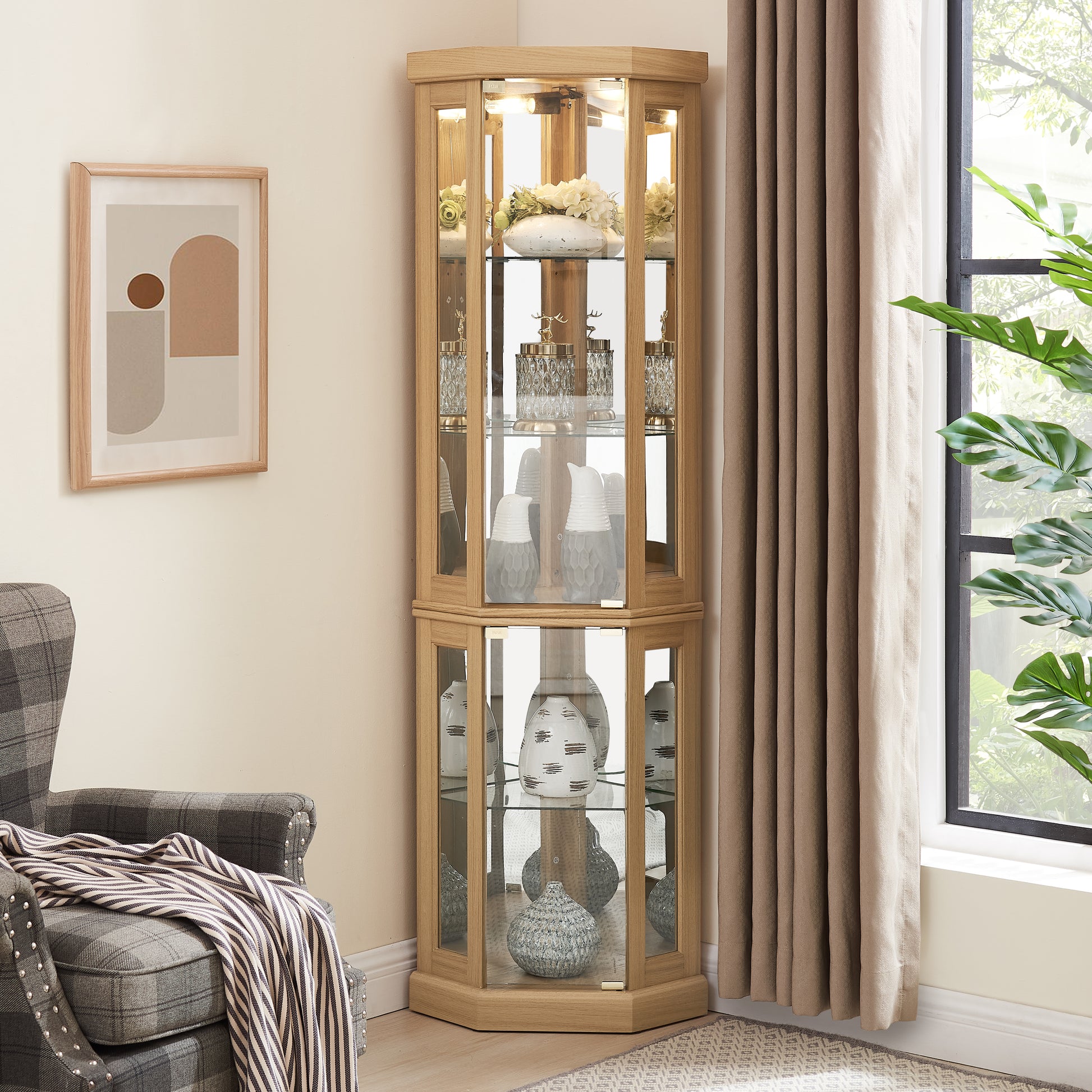 Corner Glass Cabinet Lighted Curio Cabinet Corner Display Case for Living Room, Curio Cabinet, Antique collection, Wine,Bar Glass Storage Light Included, Light oak - W2275P194430