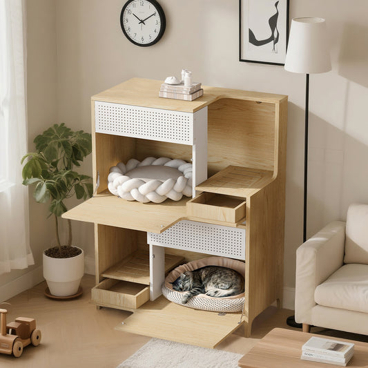 Modern 2 IN 1 Cat Furniture, Cat Litter Box Enclosure Side Table, Cat House with Storage, for 2 Small-Medium Sized Cats - N843P251413N