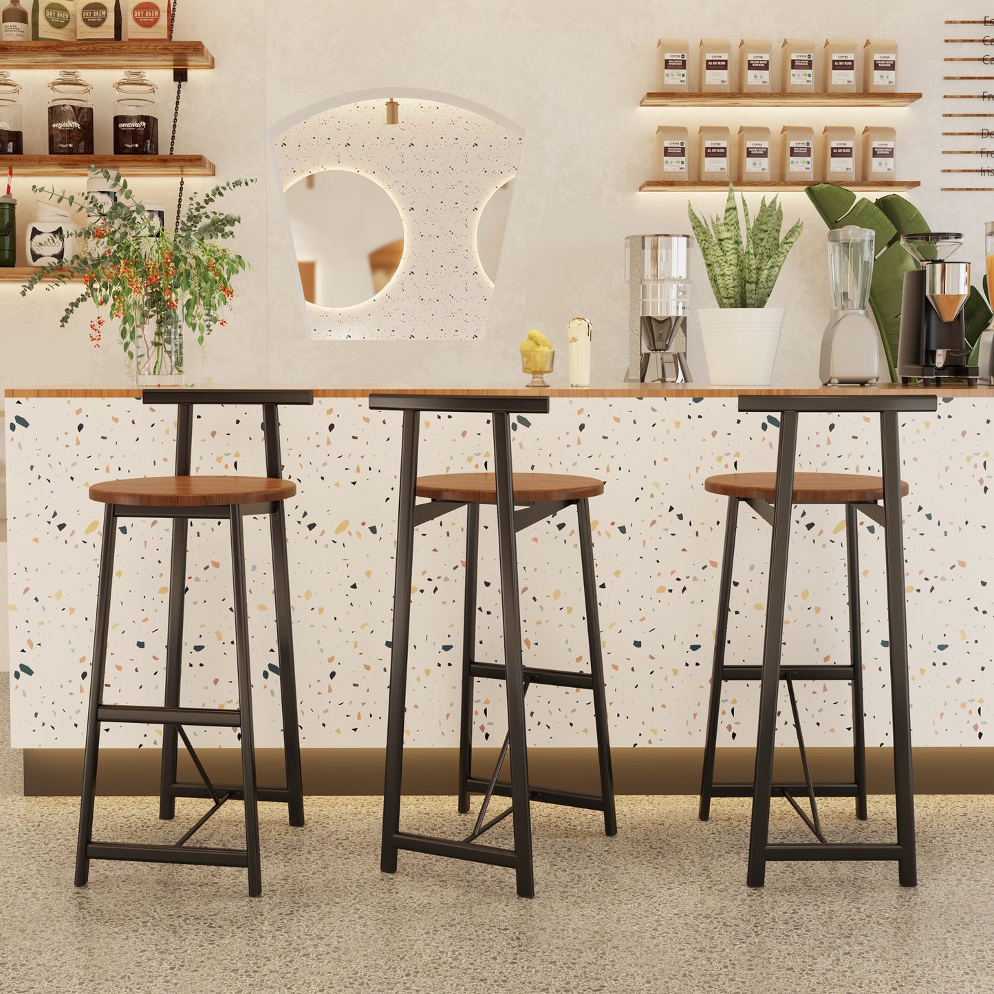 Bar Stool Set of 3 Counter Height Barstools with Back Armless Dining Chairs for Kitchen Island (Black & Walnut Brown) - W1757P265185