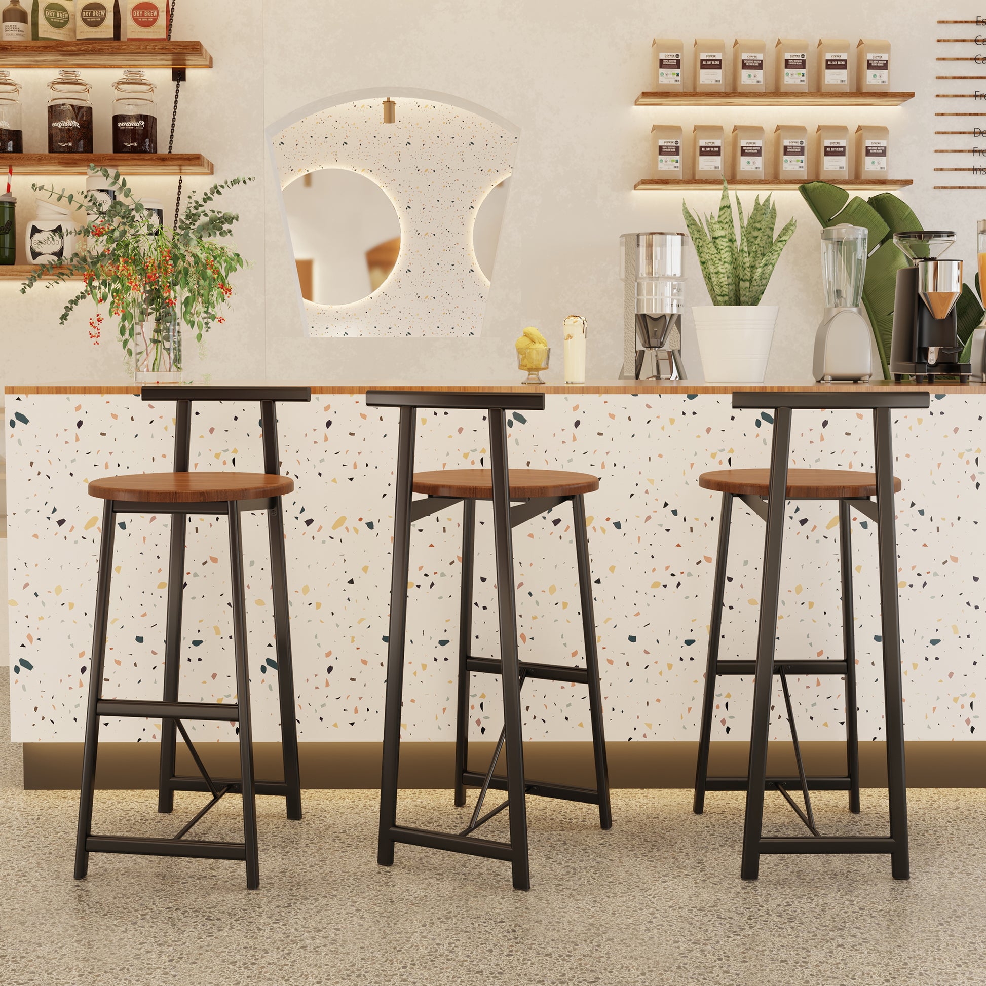 Bar Stool Set of 3 Counter Height Barstools with Back Armless Dining Chairs for Kitchen Island (Black & Walnut Brown) - W1757P265185