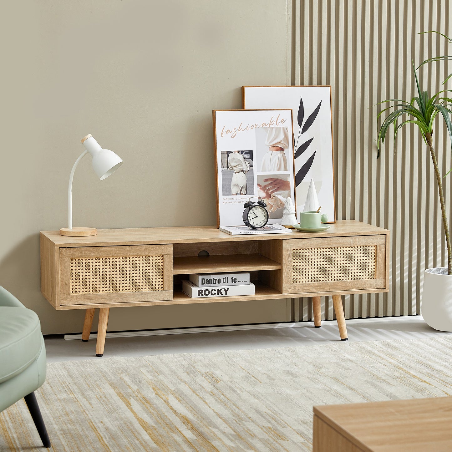 55" Rattan Media Console — Oak with Cane Doors