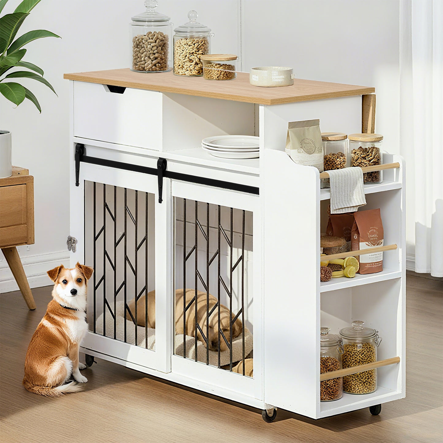 2 IN 1 Modern Dog Crate Kitchen Island With Storage for Small-sized Dogs up to 40lbs, 33.8" L, Cream White Dog Furniture End Table  with Wheels - N843P256452R