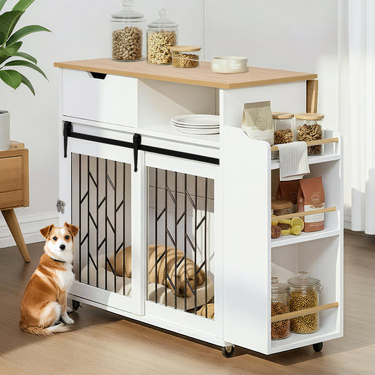 2 IN 1 Modern Dog Crate Kitchen Island With Storage for Small-sized Dogs up to 40lbs, 33.8" L, Cream White Dog Furniture End Table  with Wheels - N843P256452R