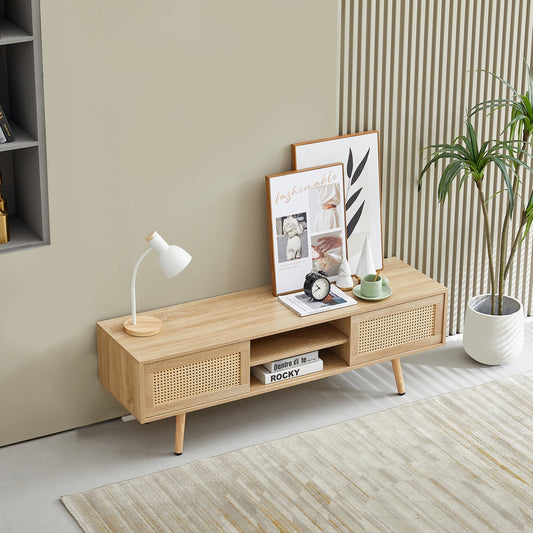 55" Rattan Media Console — Oak with Cane Doors