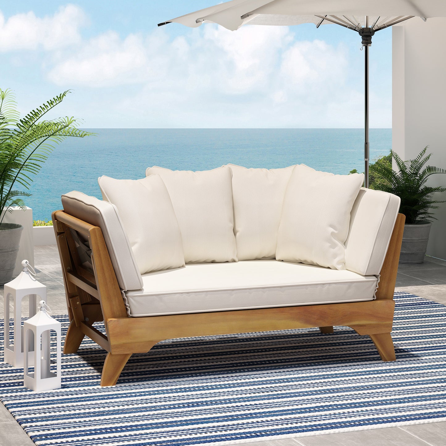 Expandable Daybed with Cushions,Outdoor Couch Acacia Wood Patio Couch with Adjustable Armrests,Outdoor Convertible Sofa 