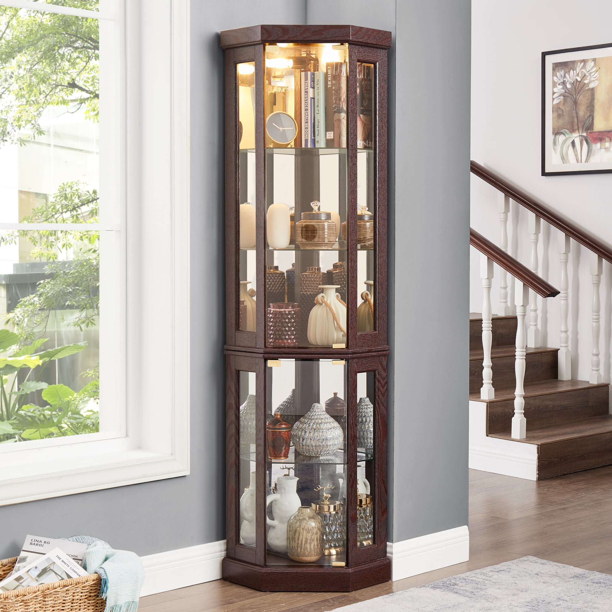 Corner Glass Cabinet Lighted Curio Cabinet Corner Display Case for Living Room, Curio Cabinet, Antique collection, Wine,Bar Glass Storage Light Included,Dark Cherry - W2275P194428