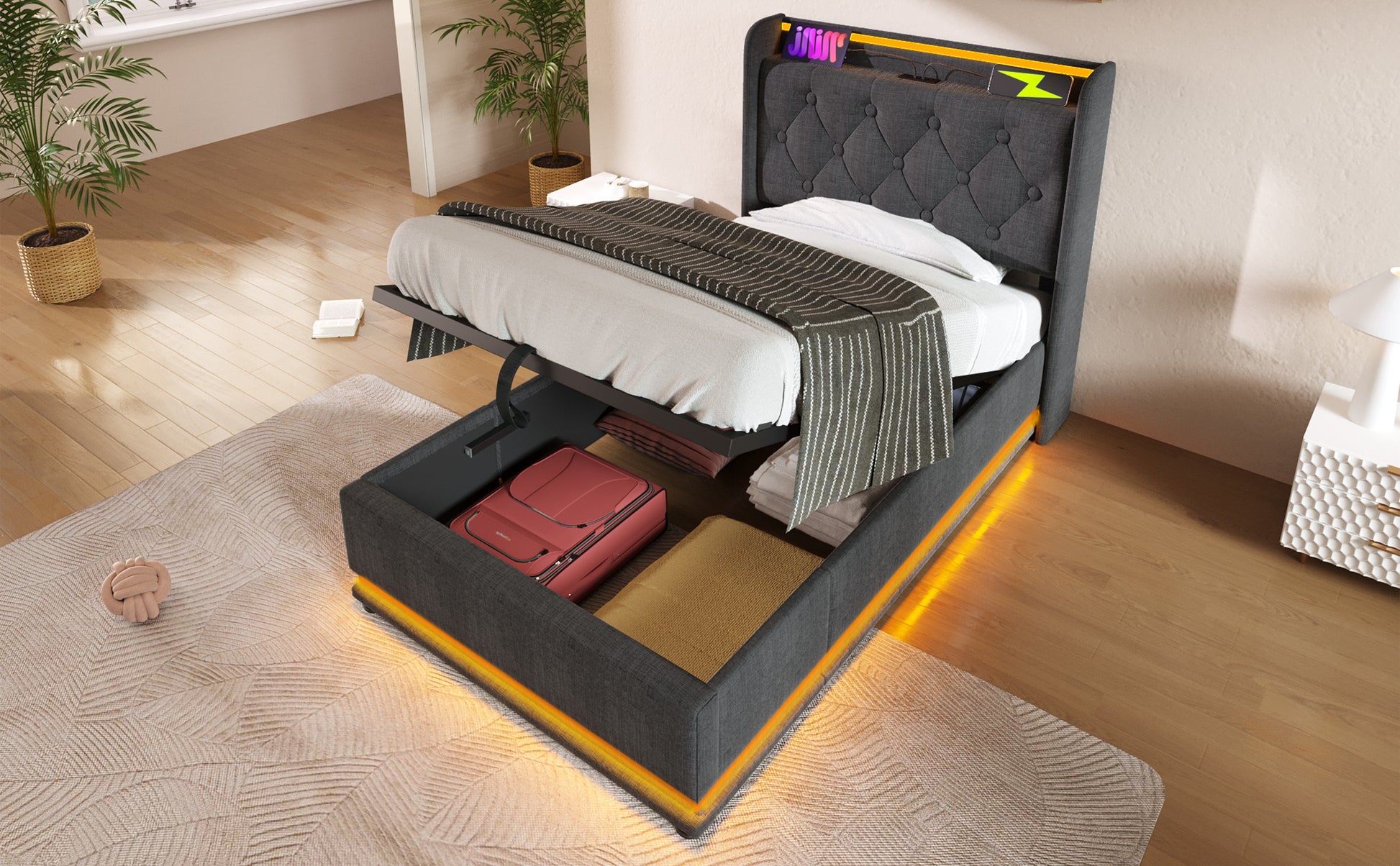 Twin size Upholstered bed, 360 surround LED function, Buttons/Apps/Remote Control, hydraulic storage bed with USB Type-C