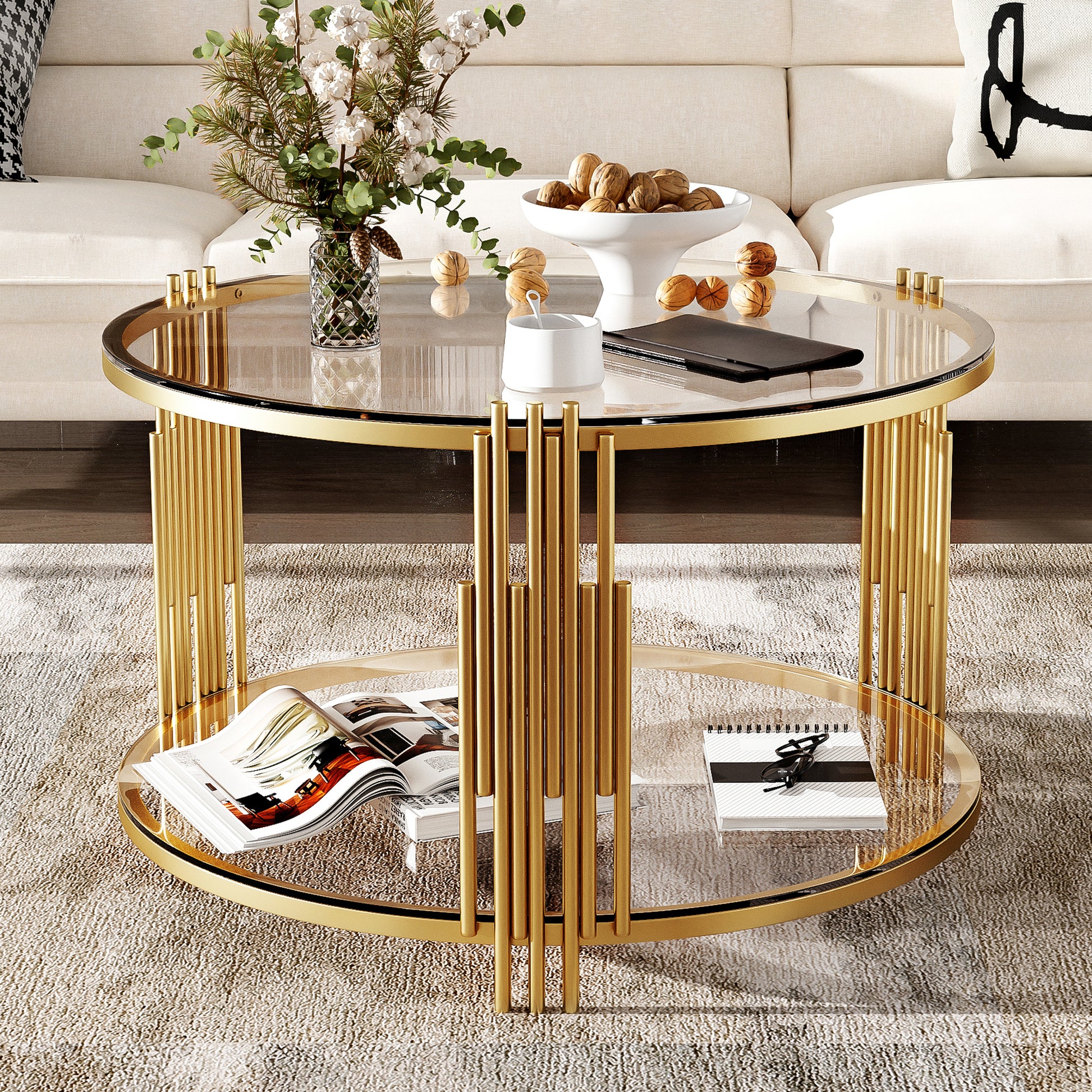 Modern Glass Coffee Table in 31.5", Asymmetrical Metal, Circular Metal Drum Base, Gold Finish & Lower Shelf - N735P177478K