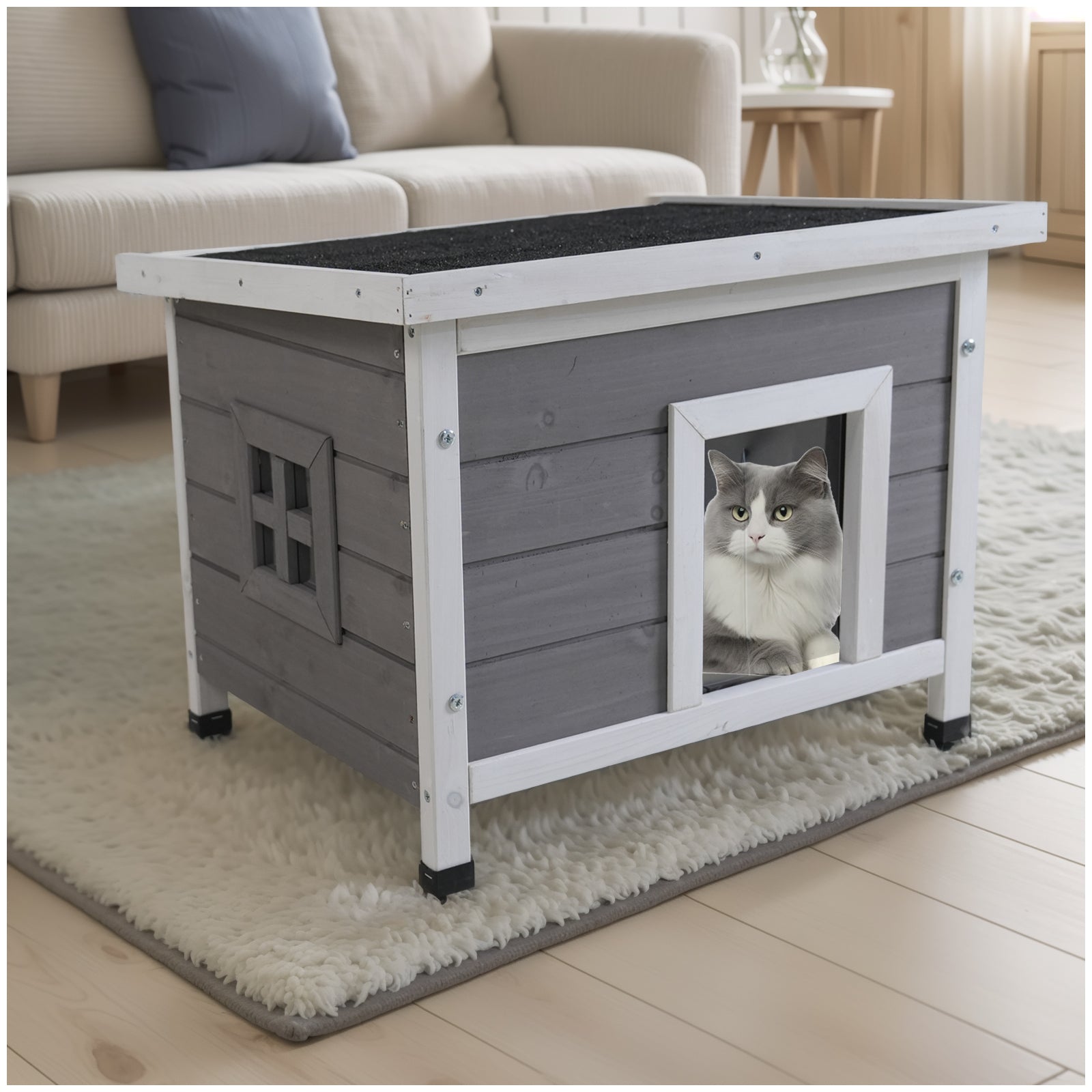 Cat House Waterproof Feral Kitty Shelter Outdoor Indoor Rabbit Hutch for Bunnies,Cats,Dogs and Other Small Animals,Asphalt Roof - W1431P245719