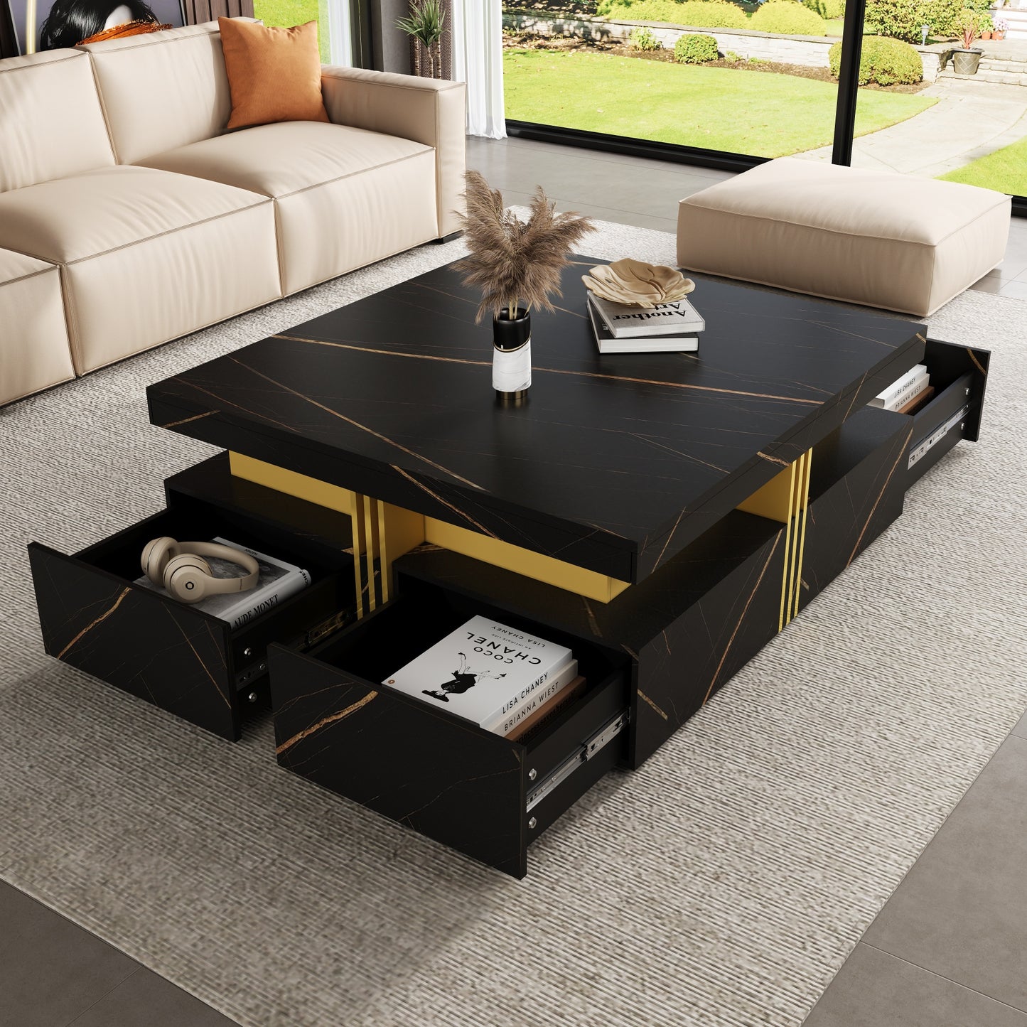 Modern Black Square Storage Coffee Table With 4 Drawers - CH306808AAB