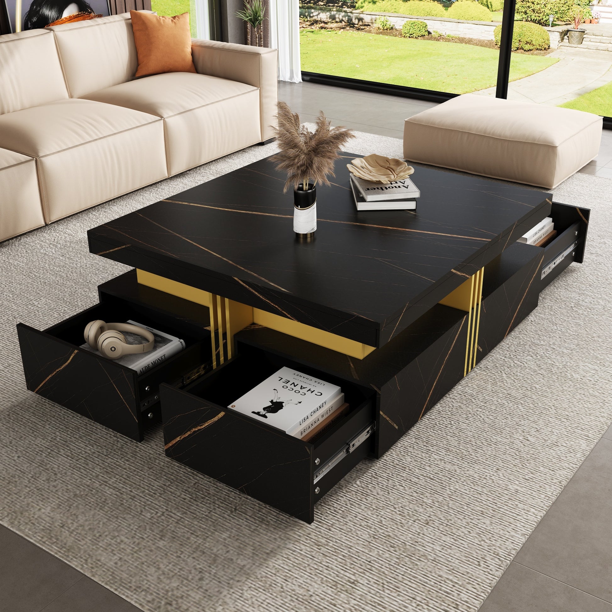 Modern Black Square Storage Coffee Table With 4 Drawers - CH306808AAB