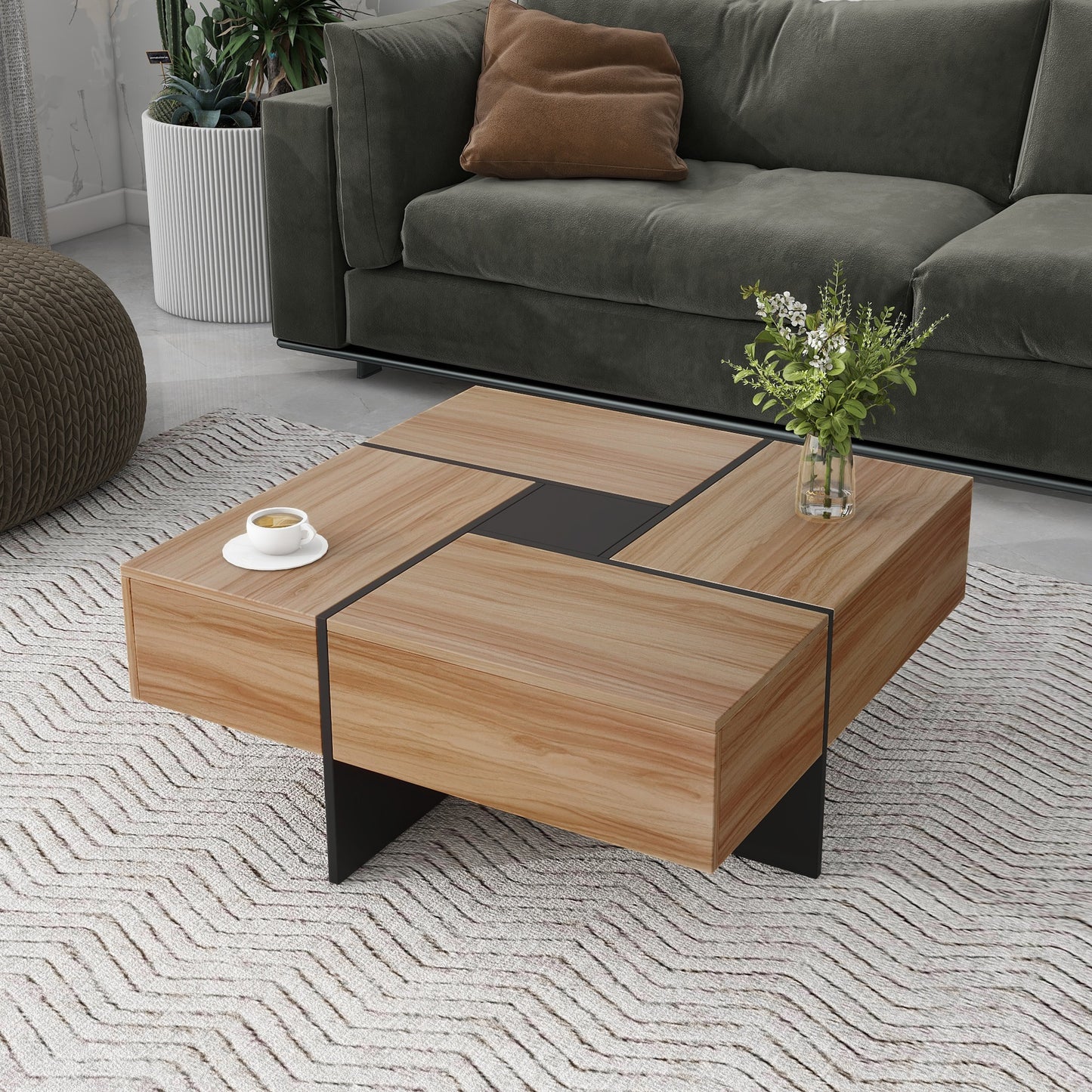 [New Picture] Unique Design Coffee Table with 4 Hidden Storage Compartments, Square Cocktail Table with Extendable Slidi