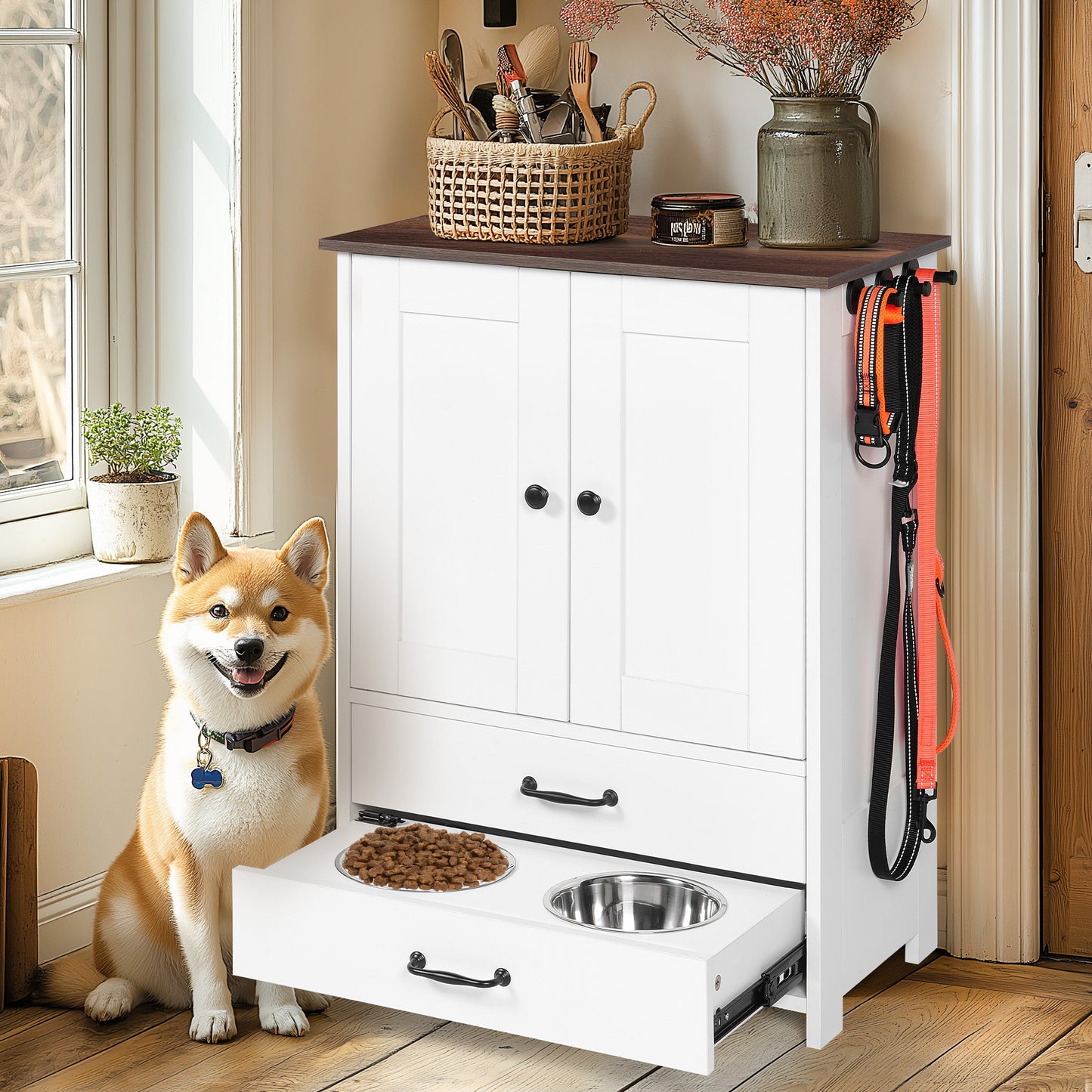 Dog feeding station, double door locker with 2 adjustable dog bowls, 3 hooks on right side, white - W1687P270768