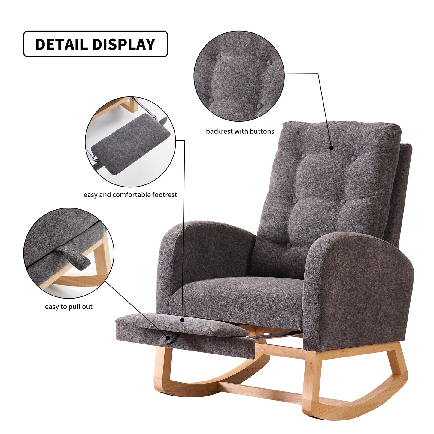 LY-5104 Gray Accent Rocking Chair with Footrest High Back Rubber Wood Rocking Legs Bedroom Living Space 26.77D X 38.36W 