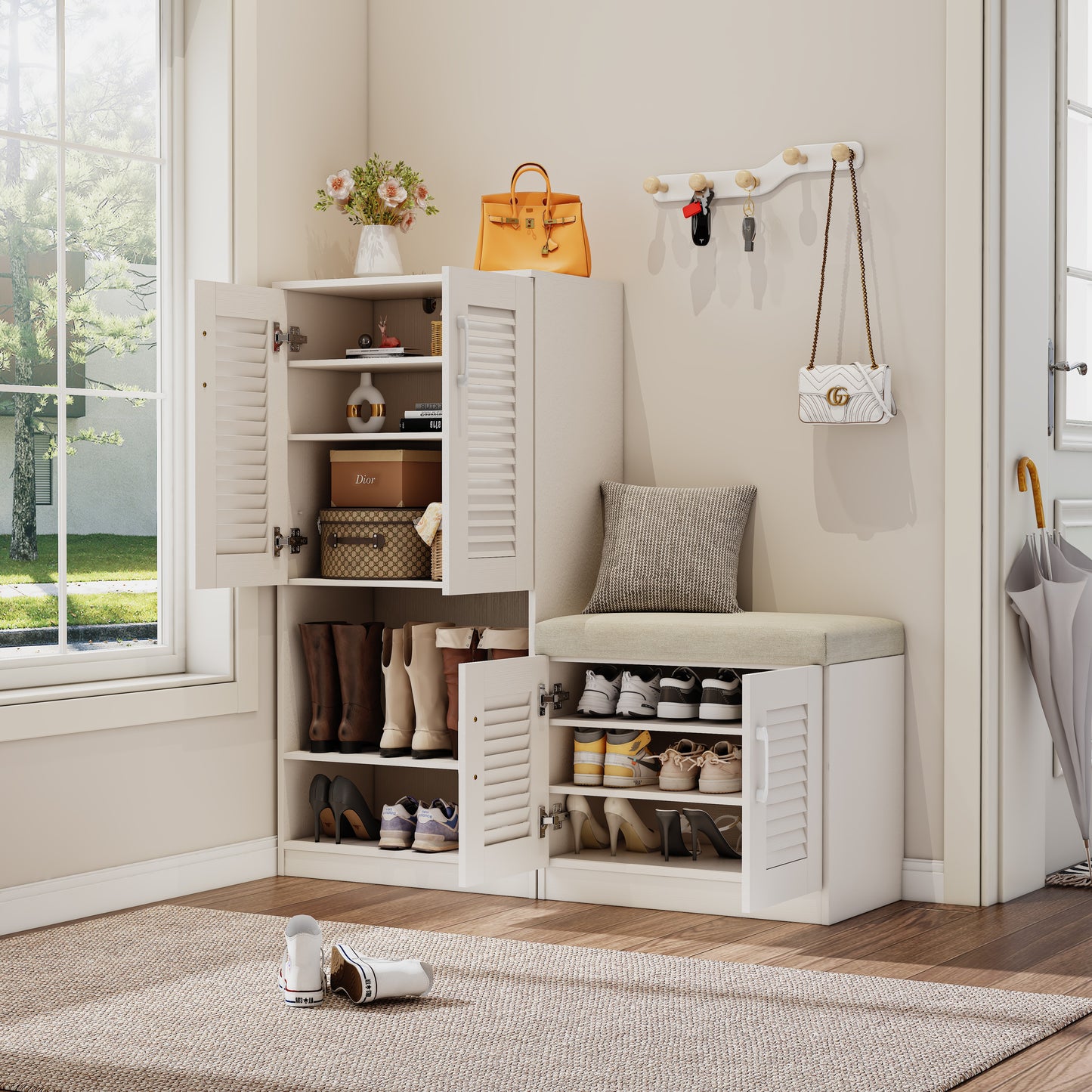 Multi functional Shoe Storage Cabinet with Bench & 7+3 Storage compartment, Adjustable layer board
, Shoe Bench with Cus