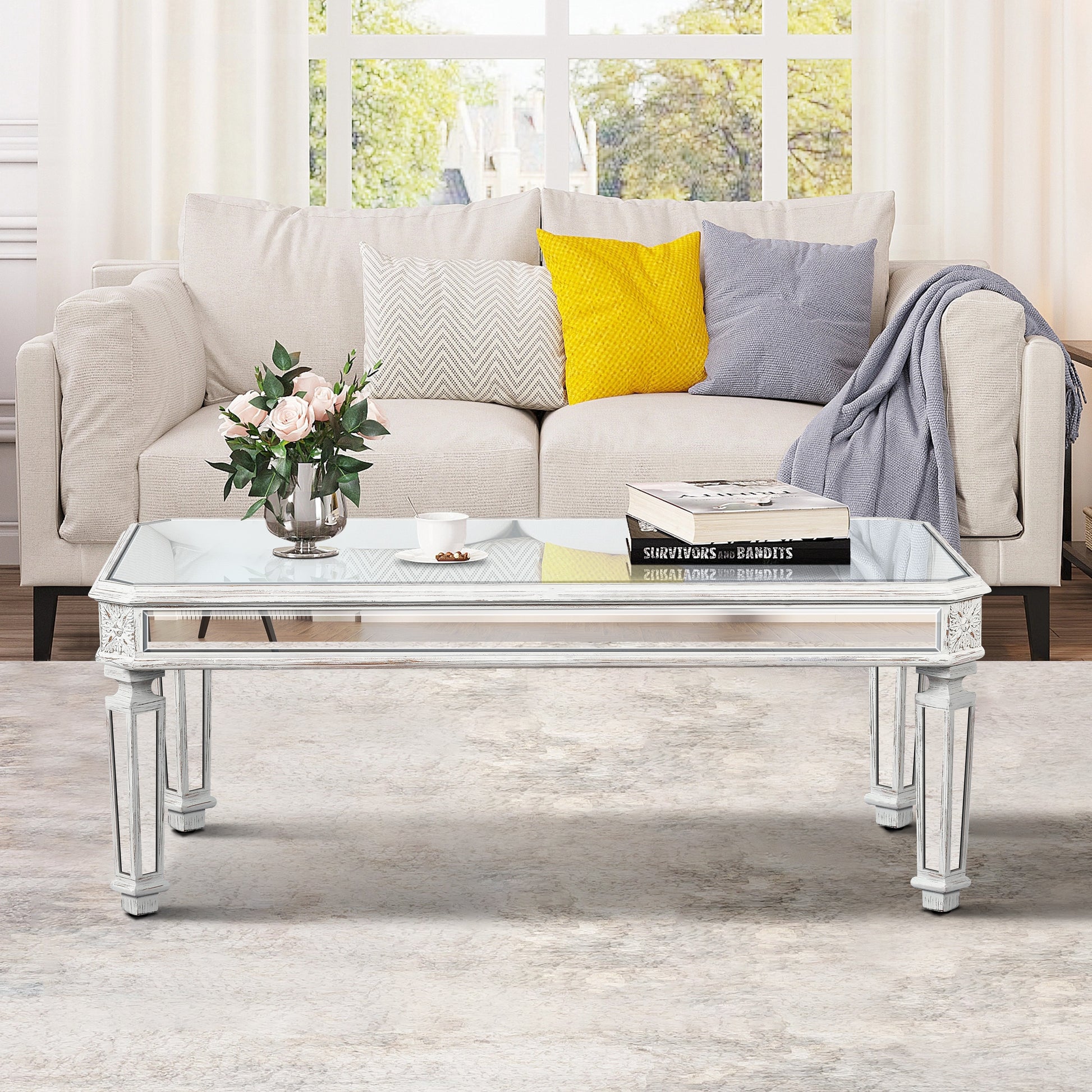 Silver Mirrored Coffee Table, Vintage Carved Elements, Rectangle Glass Tea Table with Mirrored Finish, Modern Center Tab