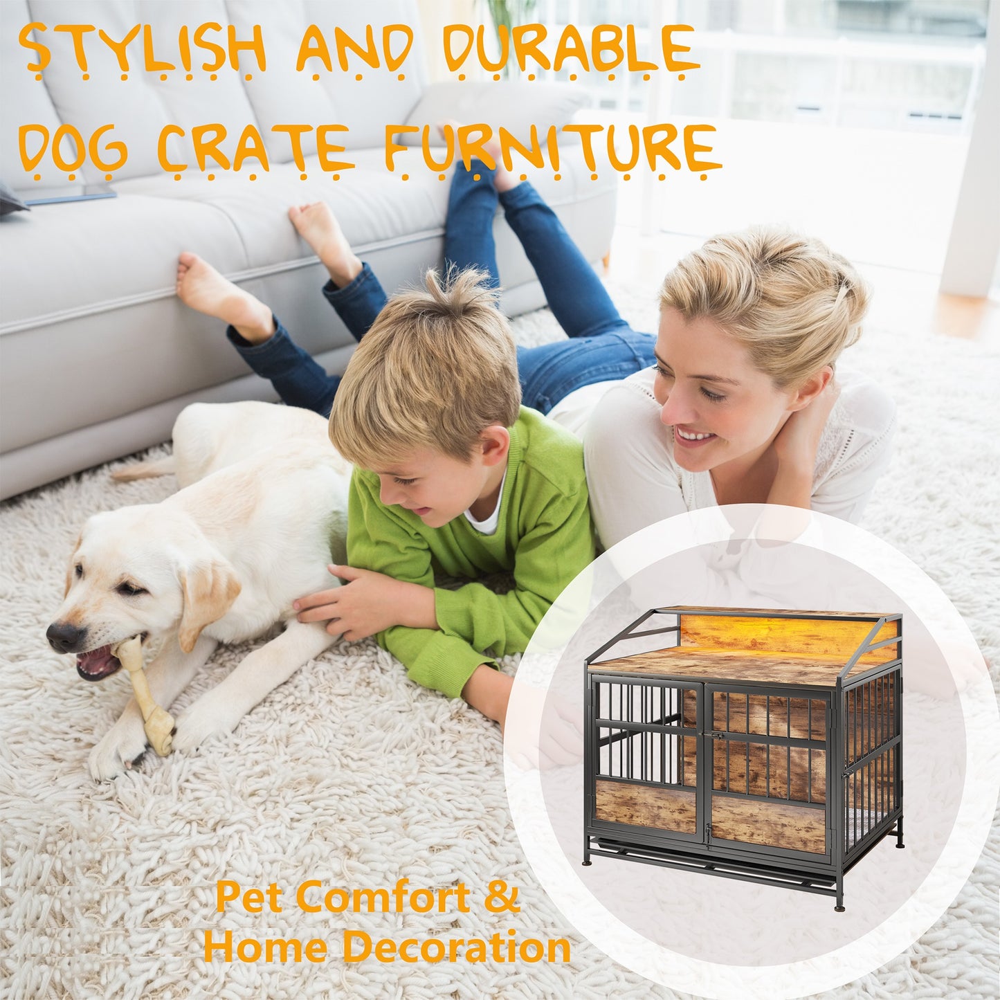 Multi-function Furniture Style Dog Crates with Storage, Dog Crate Furniture Large Wooden Dog Kennel with Double Doors, f