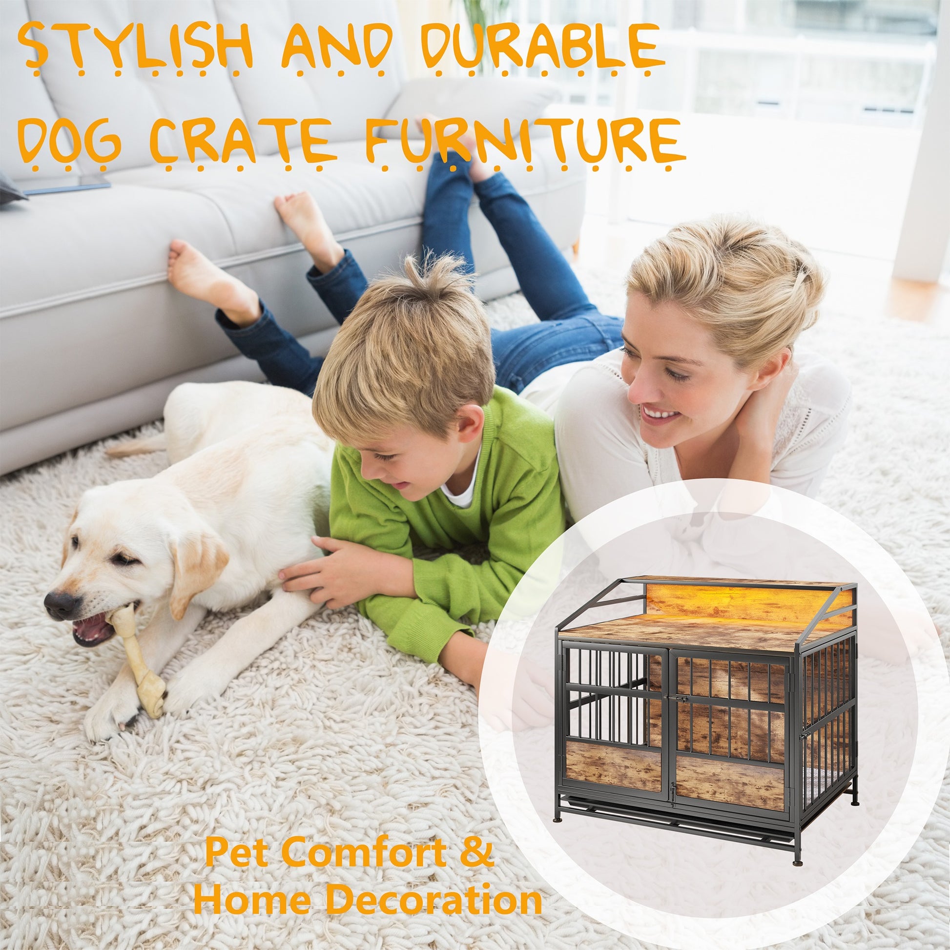 Multi-function Furniture Style Dog Crates with Storage, Dog Crate Furniture Large Wooden Dog Kennel with Double Doors, f