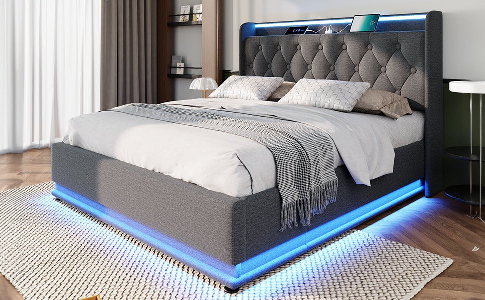 Queen size Upholstered bed, 360 surround LED function, Buttons/Apps/Remote Control, hydraulic storage bed with USB Type-