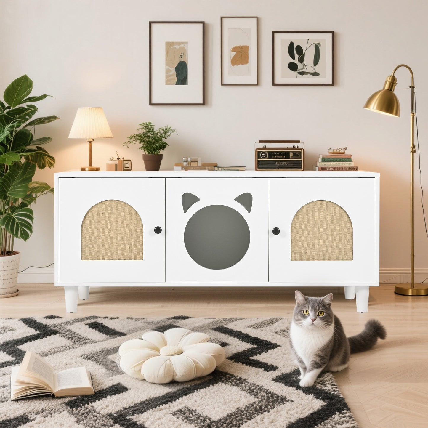 Modern Wood Cat Cabinet with Sisal Cat Scratcher, Cat Litter Box Enclosure with Storage, Cream white Side Table