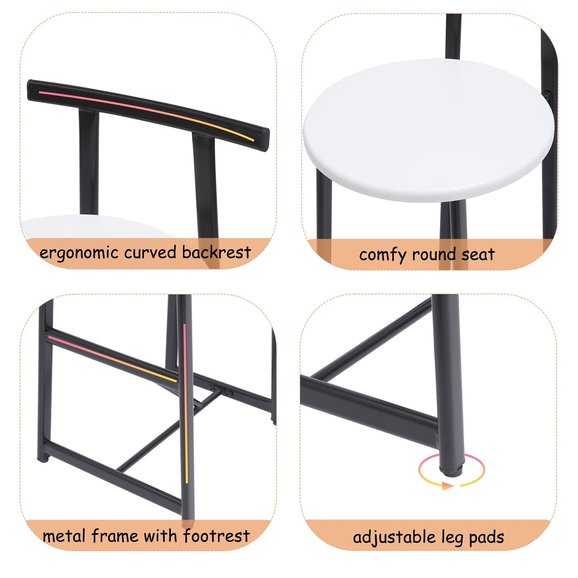 Bar Stools Kitchen Island Bar Chairs Set of 3 Metal Counter Barstools with Backrest for Dining Pub Room (Black & White)