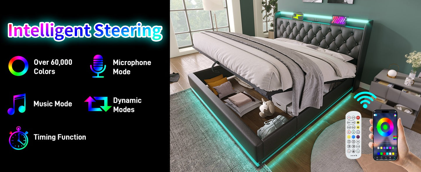 Full size Upholstered bed, 360 surround LED function, Buttons/Apps/Remote Control, hydraulic storage bed with USB Type-C