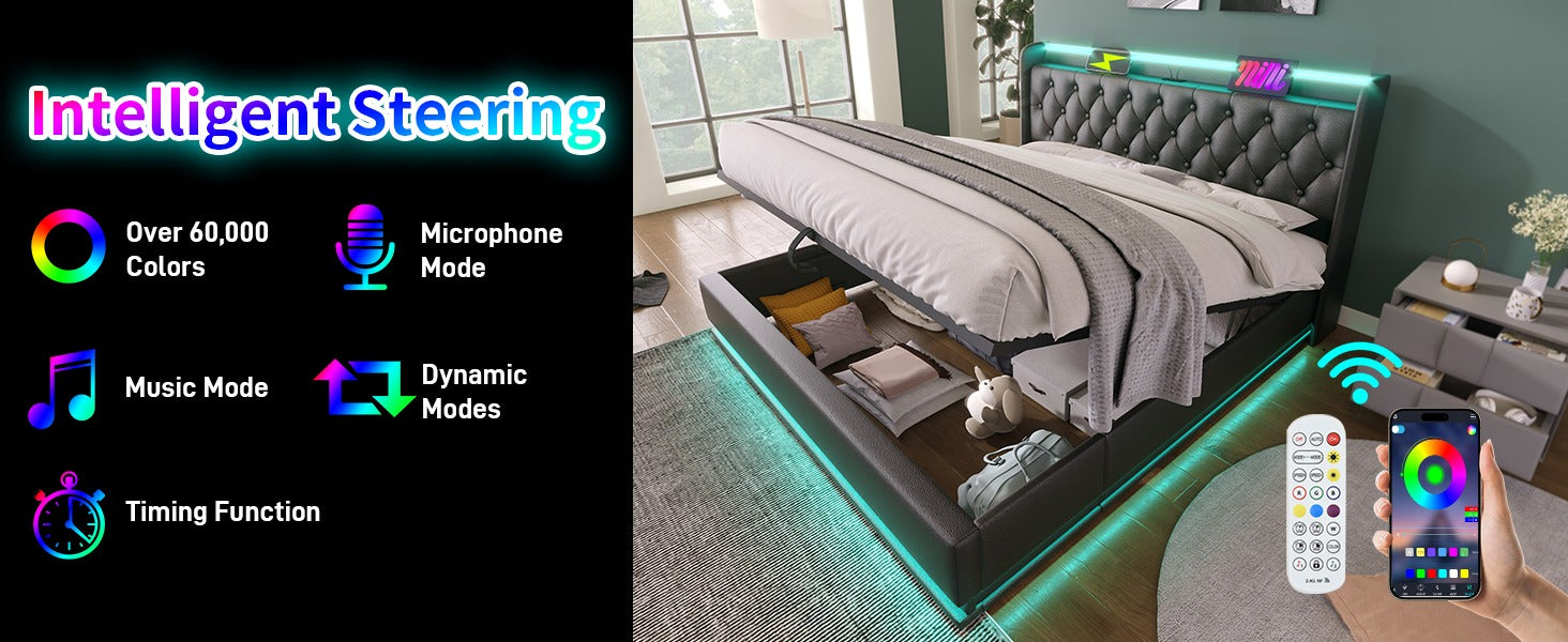 Full size Upholstered bed, 360 surround LED function, Buttons/Apps/Remote Control, hydraulic storage bed with USB Type-C