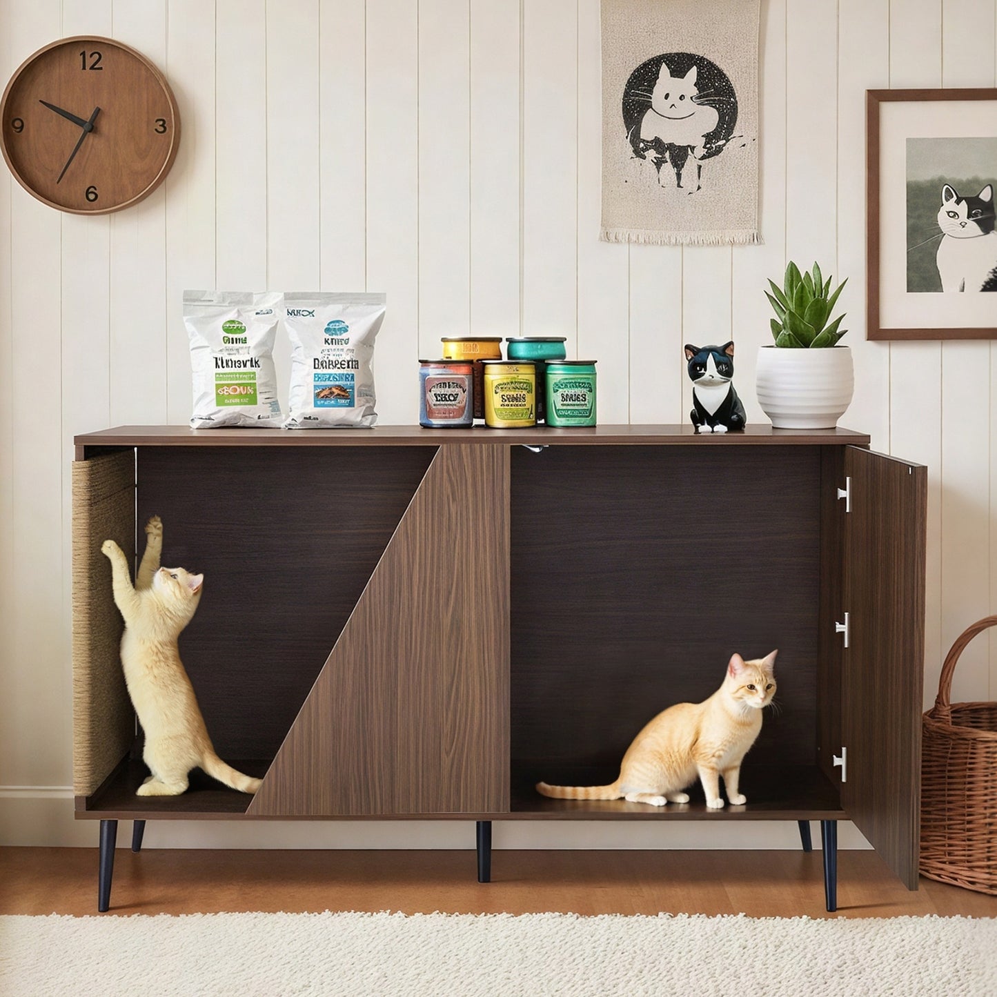 Cat Furniture 2 IN 1 Modern Walnut Cabinet Side Table With Spring-Loaded Door, Cat Litter Box Enclosure with Sisal Cat S