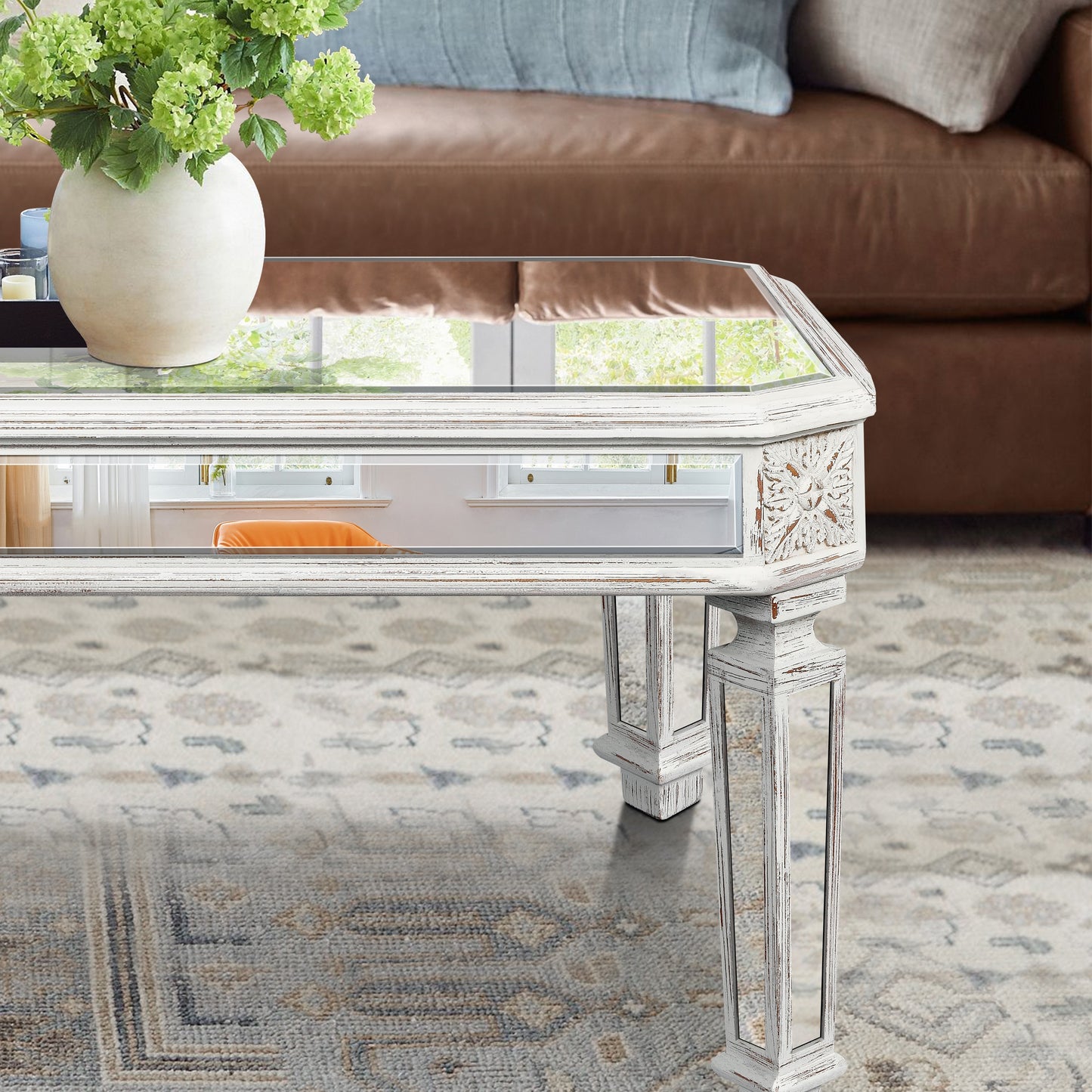 Silver Mirrored Coffee Table, Vintage Carved Elements, Rectangle Glass Tea Table with Mirrored Finish, Modern Center Tab