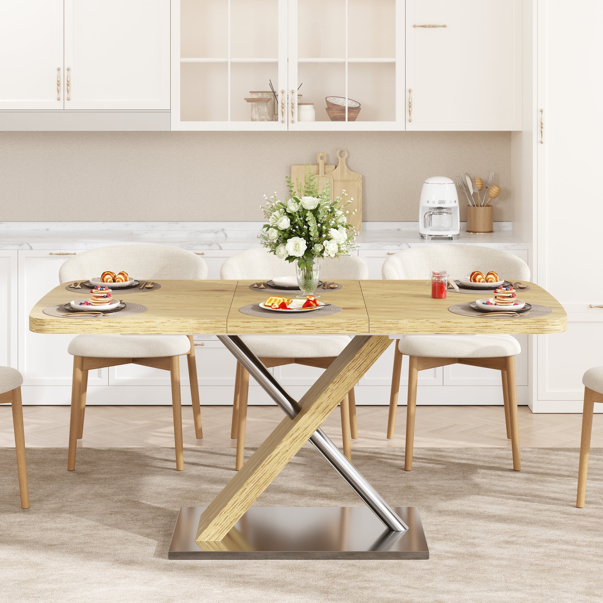 47.25 "-63" Dining Table, Original Wood Color, Seating 4-6 People, Retractable Table, Cross Metal Base and Stainless Steel Tubing(Natural) - W757P270705