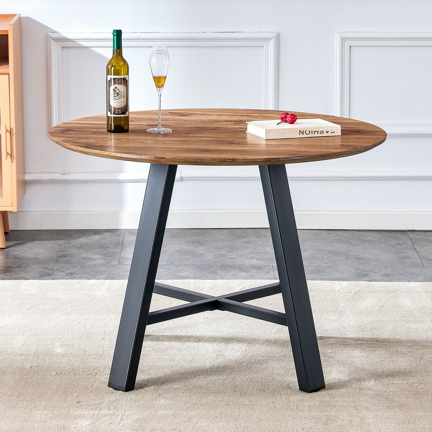 A modern and minimalist circular wooden dining table , coffee table. 42 inch diameter wood color MDF desktop, black meta