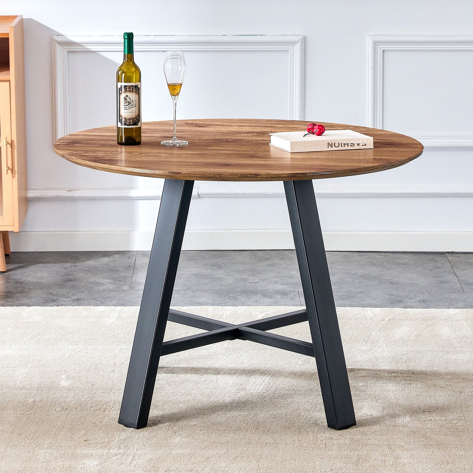 A modern and minimalist circular wooden dining table , coffee table. 42 inch diameter wood color MDF desktop, black meta