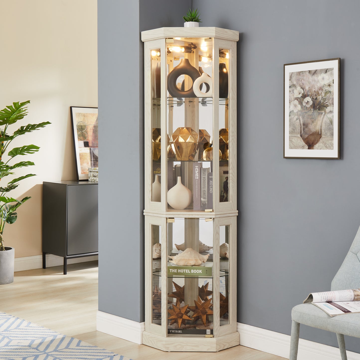 Corner Glass Cabinet Lighted Curio Cabinet Corner Display Case for Living Room, Curio Cabinet, Antique collection, Wine,Bar Glass Storage Light Included, Antique White - W2275P194429