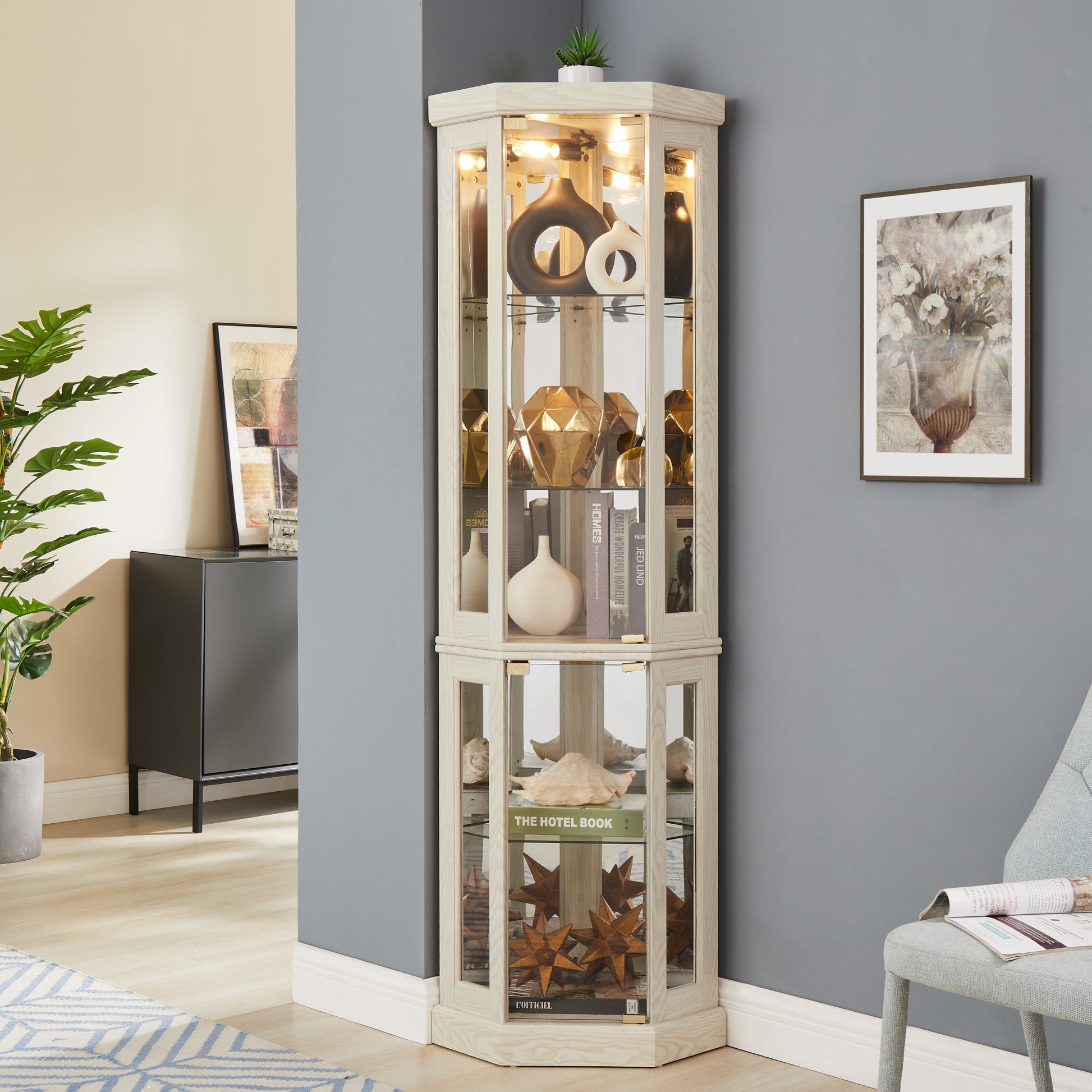 Corner Glass Cabinet Lighted Curio Cabinet Corner Display Case for Living Room, Curio Cabinet, Antique collection, Wine,Bar Glass Storage Light Included, Antique White - W2275P194429