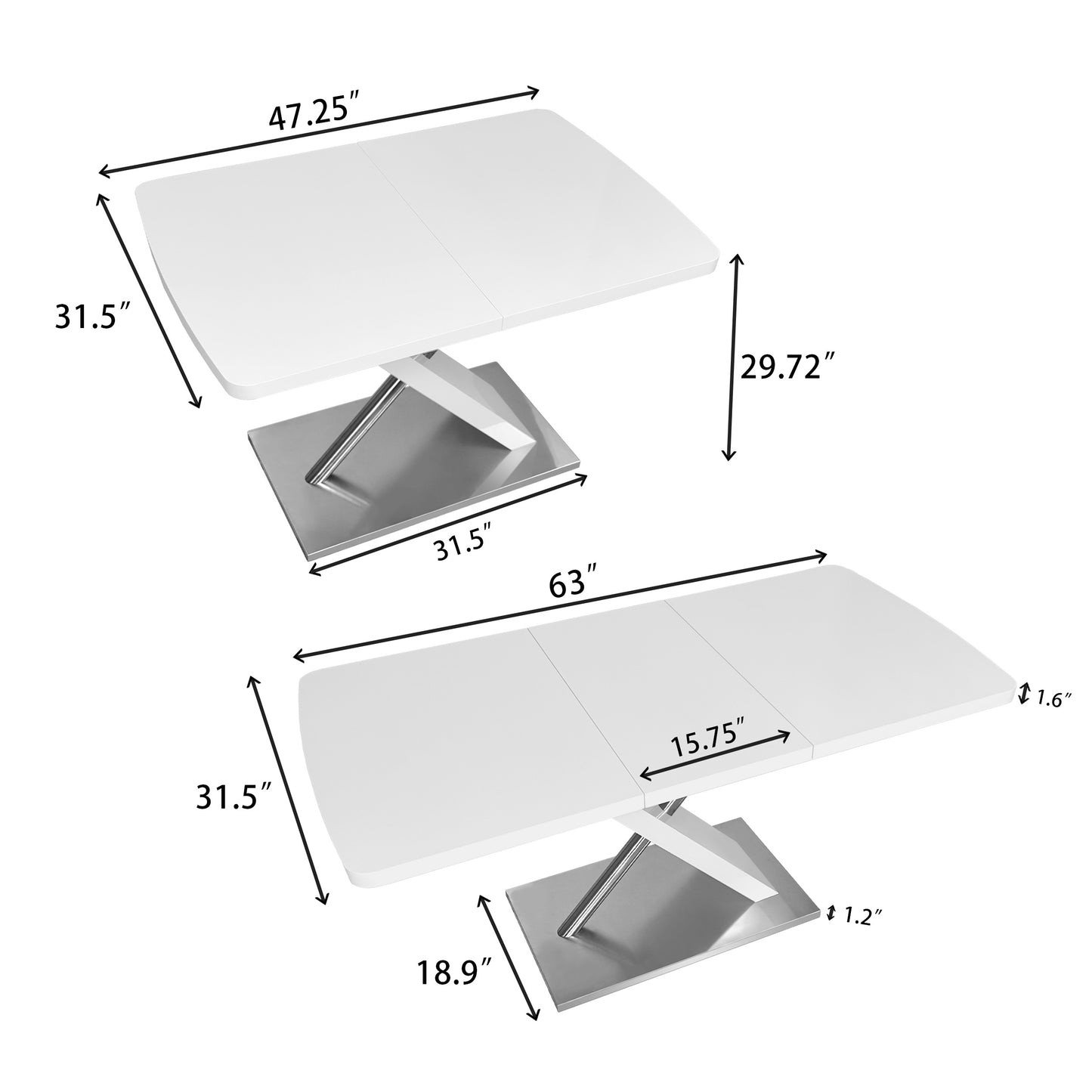 47.25''-63'' Modern White Glossy Dining Table for 4-6 People, Extendable Dining Table with Crossed Metal Base and Stainl