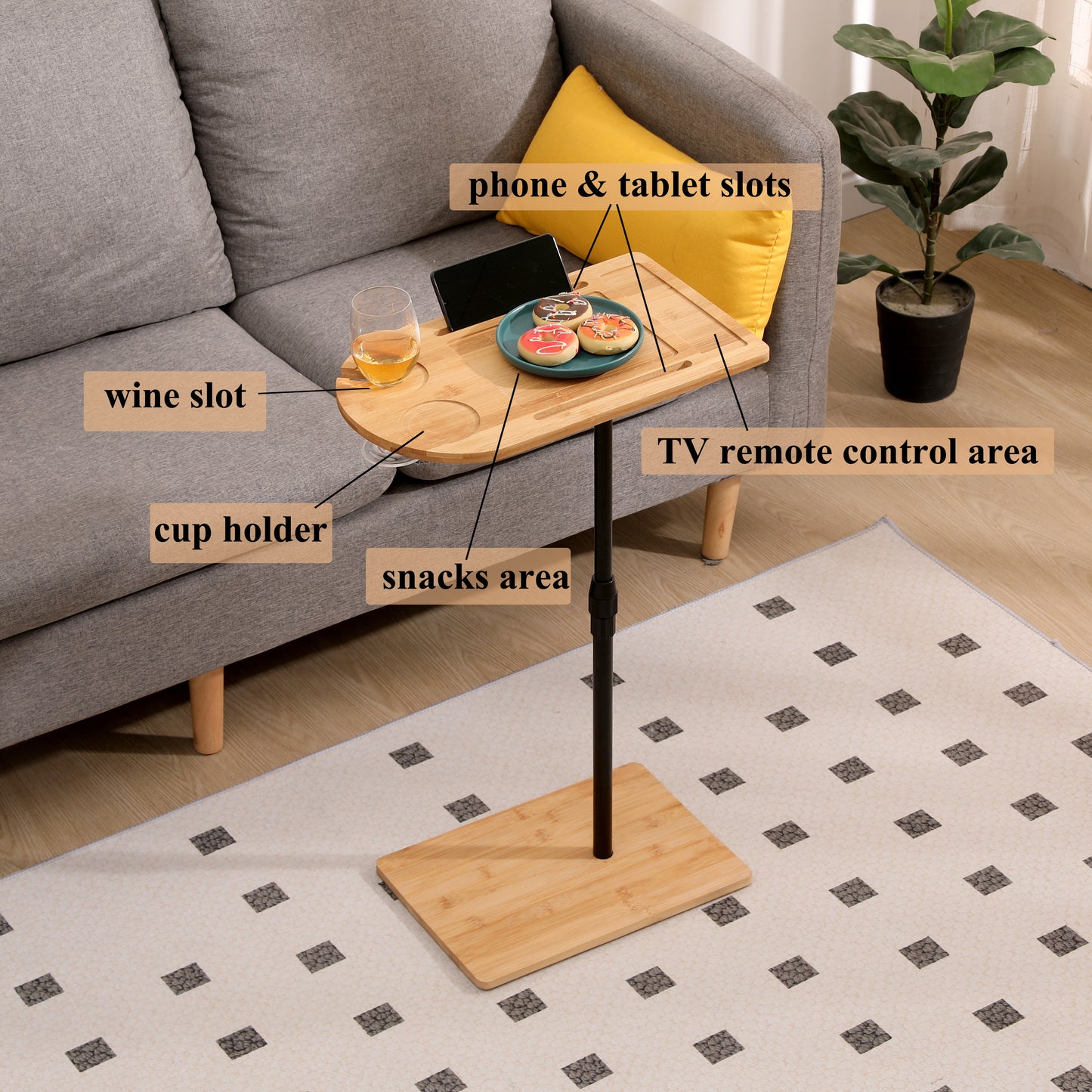 Couch Tray Table Bamboo Height Adjustable Side Table for Sofa C-shaped Oval End Tables with Slots for Bed & Chairs in Li