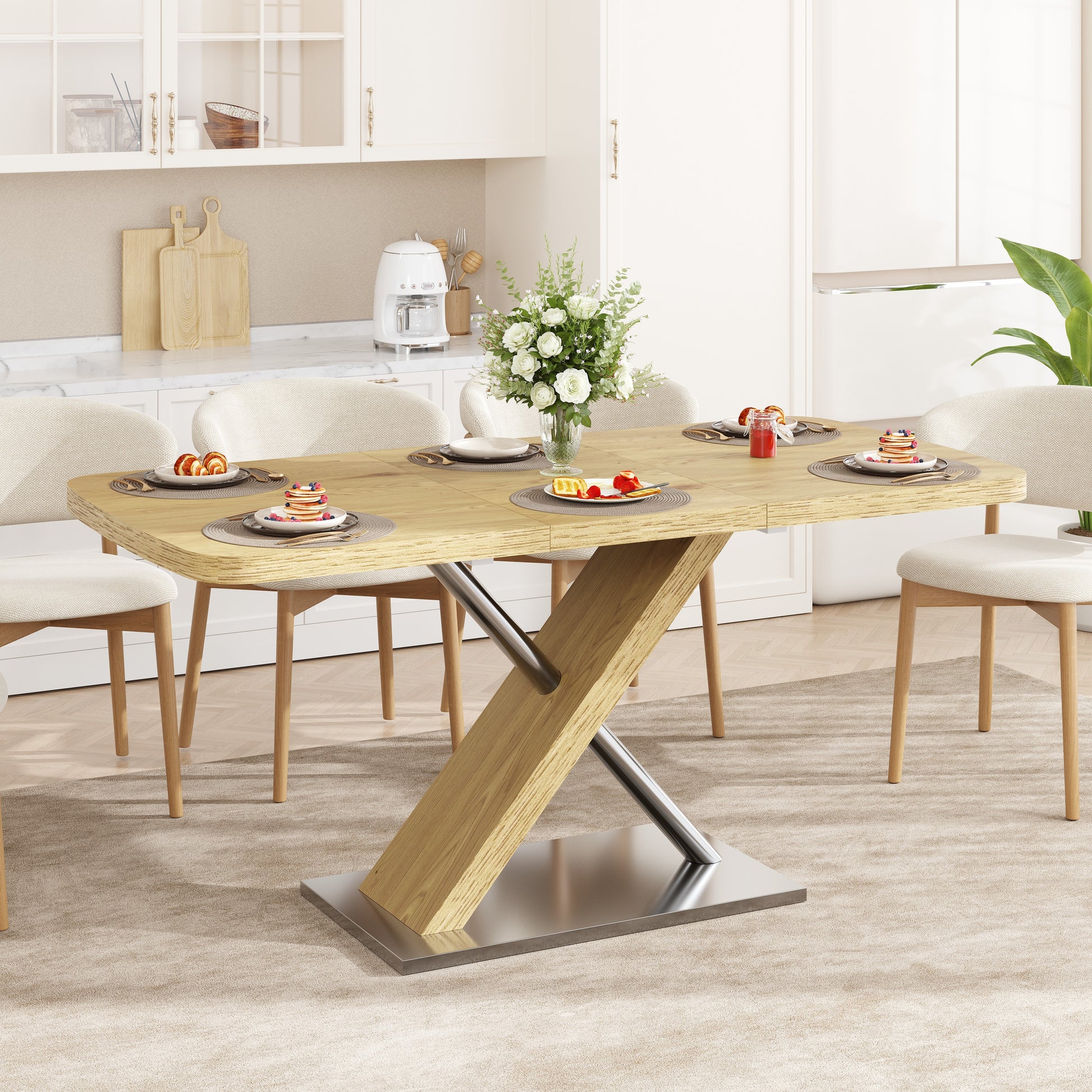 47.25 "-63" Dining Table, Original Wood Color, Seating 4-6 People, Retractable Table, Cross Metal Base and Stainless Ste