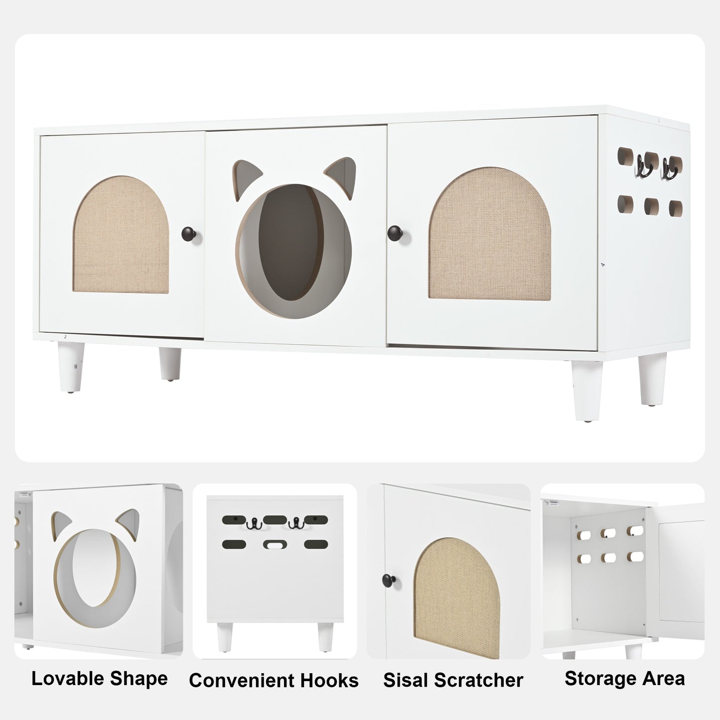 Modern Wood Cat Cabinet with Sisal Cat Scratcher, Cat Litter Box Enclosure with Storage, Cream white Side Table