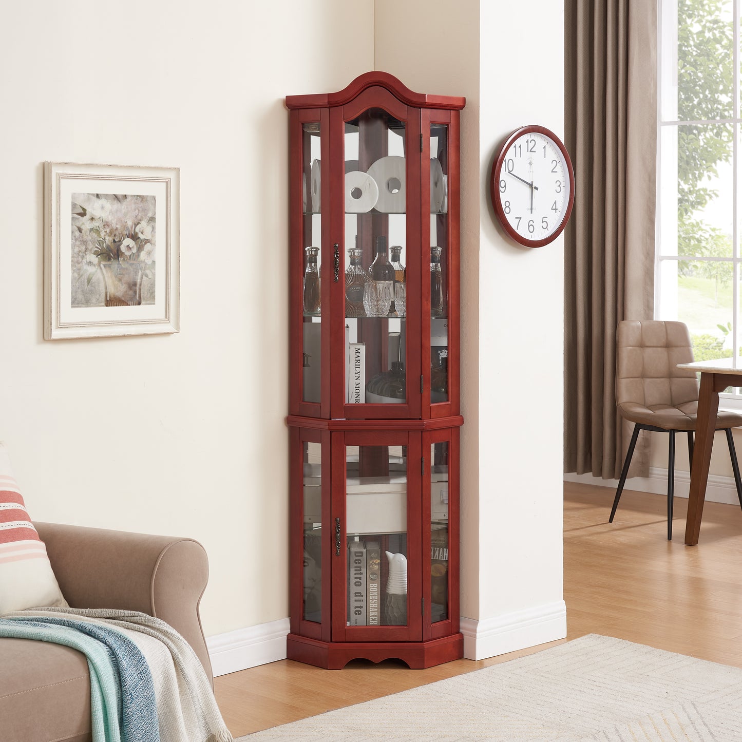 Lighted Corner Curio Cabinet with Tempered Glass Doors & Shelves - Elegant Cherry Display Case with Bulb for Living Room