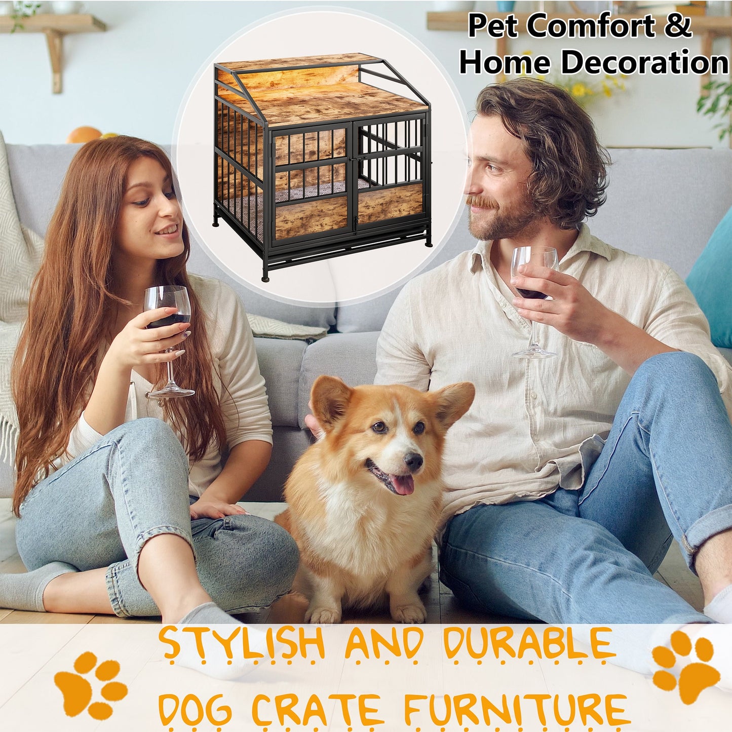 Multi-function Furniture Style Dog Crates with Storage, Dog Crate Furniture Large Wooden Dog Kennel with Double Doors, f