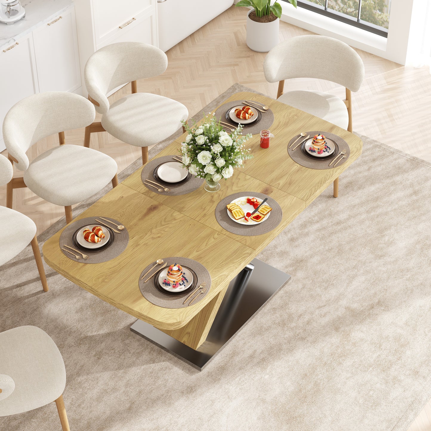 47.25 "-63" Dining Table, Original Wood Color, Seating 4-6 People, Retractable Table, Cross Metal Base and Stainless Ste
