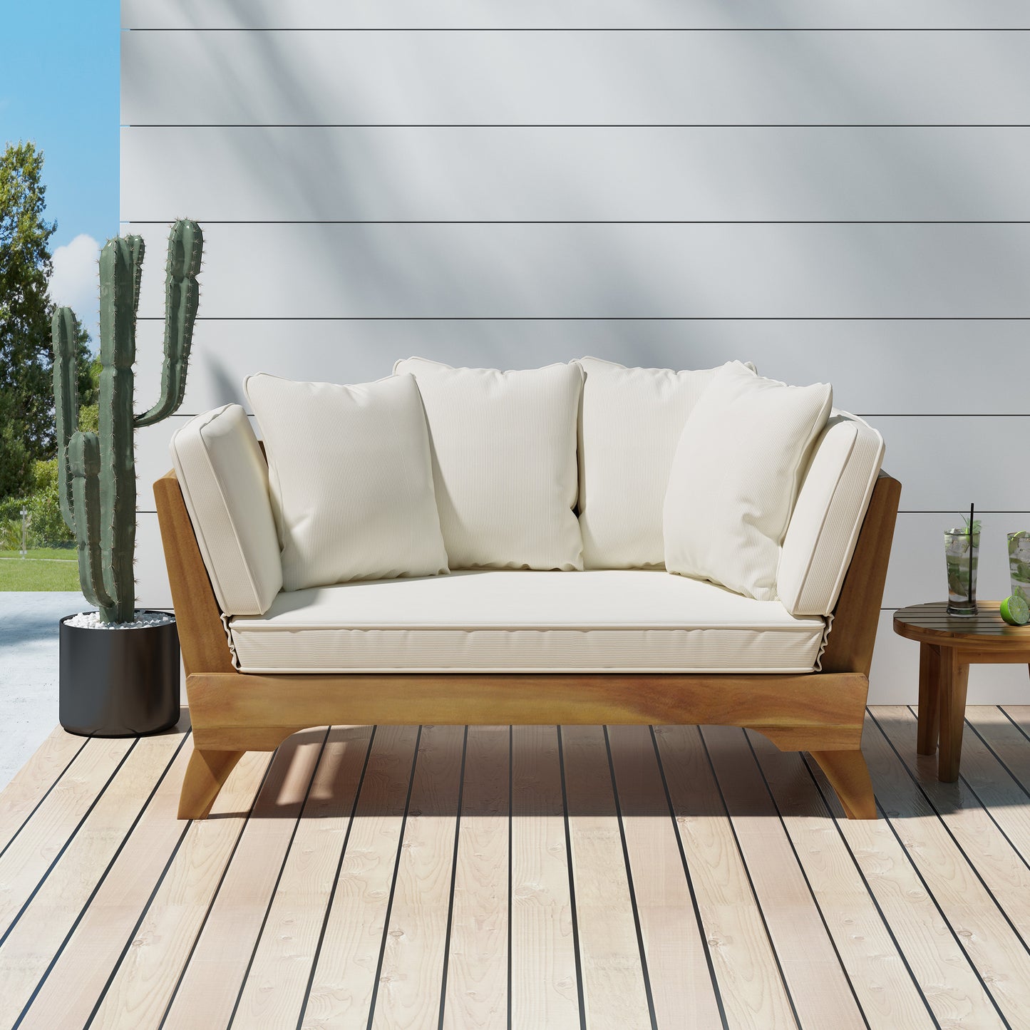 Expandable Daybed with Cushions,Outdoor Couch Acacia Wood Patio Couch with Adjustable Armrests,Outdoor Convertible Sofa with Removable Cushions&Pillows for Patio, Porch, Poolside - 69489.00BGE