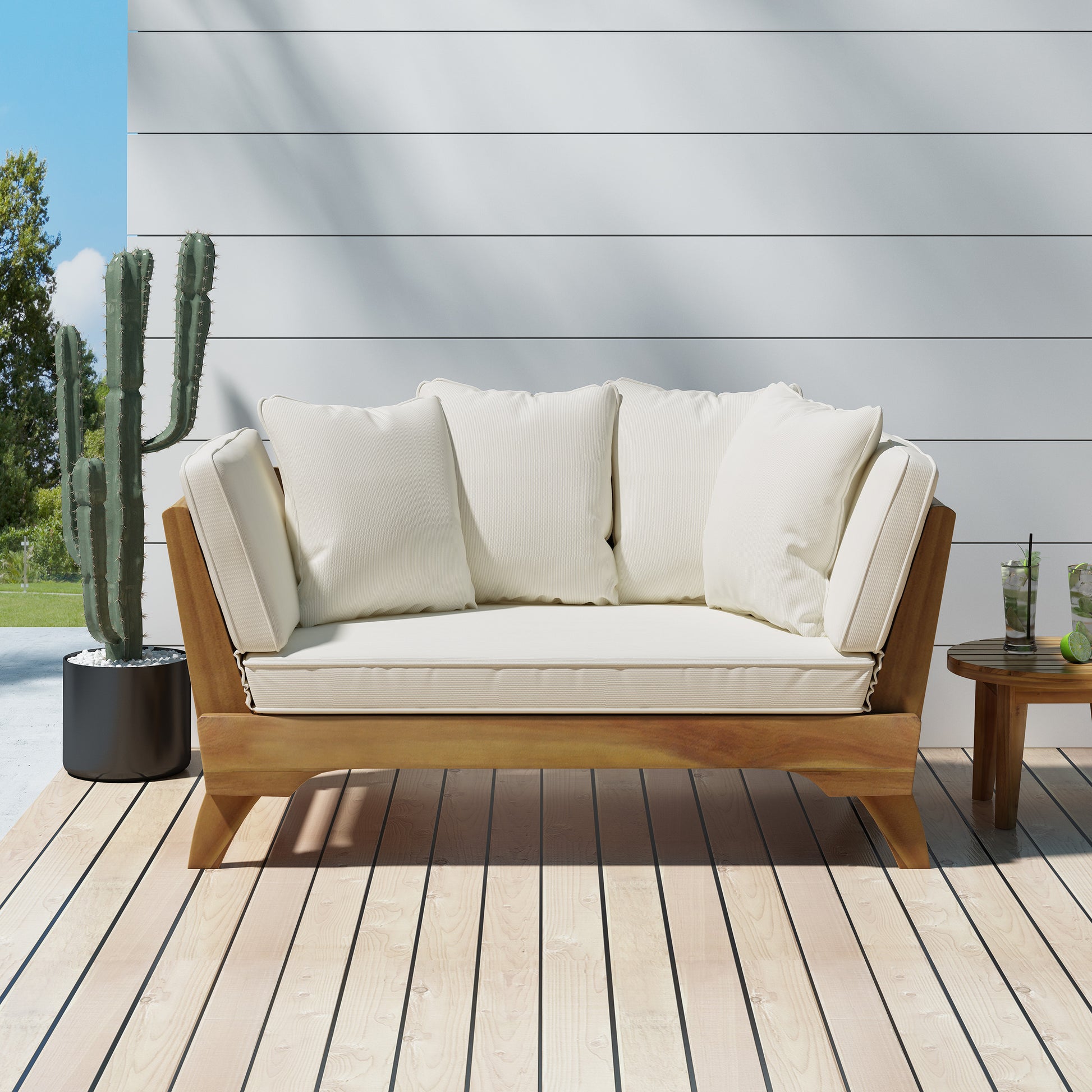 Expandable Daybed with Cushions,Outdoor Couch Acacia Wood Patio Couch with Adjustable Armrests,Outdoor Convertible Sofa with Removable Cushions&Pillows for Patio, Porch, Poolside - 69489.00BGE