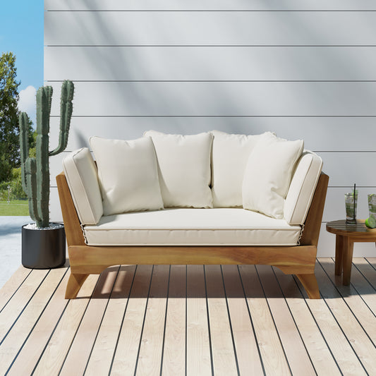Expandable Daybed with Cushions,Outdoor Couch Acacia Wood Patio Couch with Adjustable Armrests,Outdoor Convertible Sofa with Removable Cushions&Pillows for Patio, Porch, Poolside - 69489.00BGE